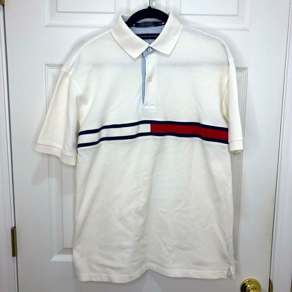 Tommy Hilfiger white shirt sleeve two button polo shirt, size medium